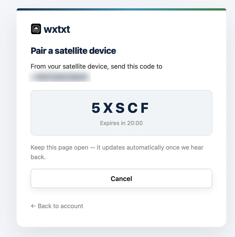 wxtxt pairing page showing a one-time code and the wxtxt number to send it to, with a 20-minute countdown.