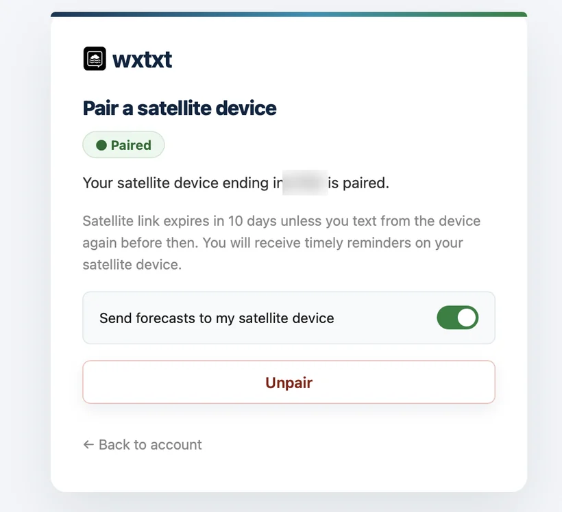 wxtxt pairing page showing a device paired, with the satellite link's expiry and the 'Send forecasts to my satellite device' toggle.